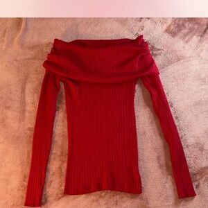 Red Off-Shoulder Ribbed Sweater